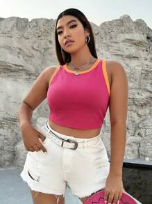 SHEIN EZwear 大碼撞色滾邊短款背心 - 玫紅色 - 查看 4