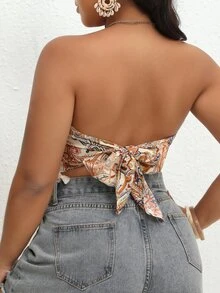 SHEIN VCAY áo nữ kích thước lớn Lộ Lưng Buộc lại mép Paisley Boho - Nhiều màu - Xem 2
