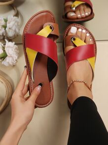 女士交叉撞色丁字褲時尚夏天平底涼鞋 - 彩色 - 查看 1