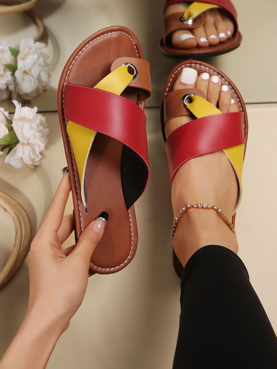 女士交叉撞色丁字褲時尚夏天平底涼鞋 - 彩色 - 查看 1
