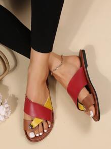 女士交叉撞色丁字褲時尚夏天平底涼鞋 - 彩色 - 查看 2