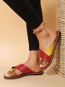 女士交叉撞色丁字褲時尚夏天平底涼鞋 - 彩色 - 查看 5