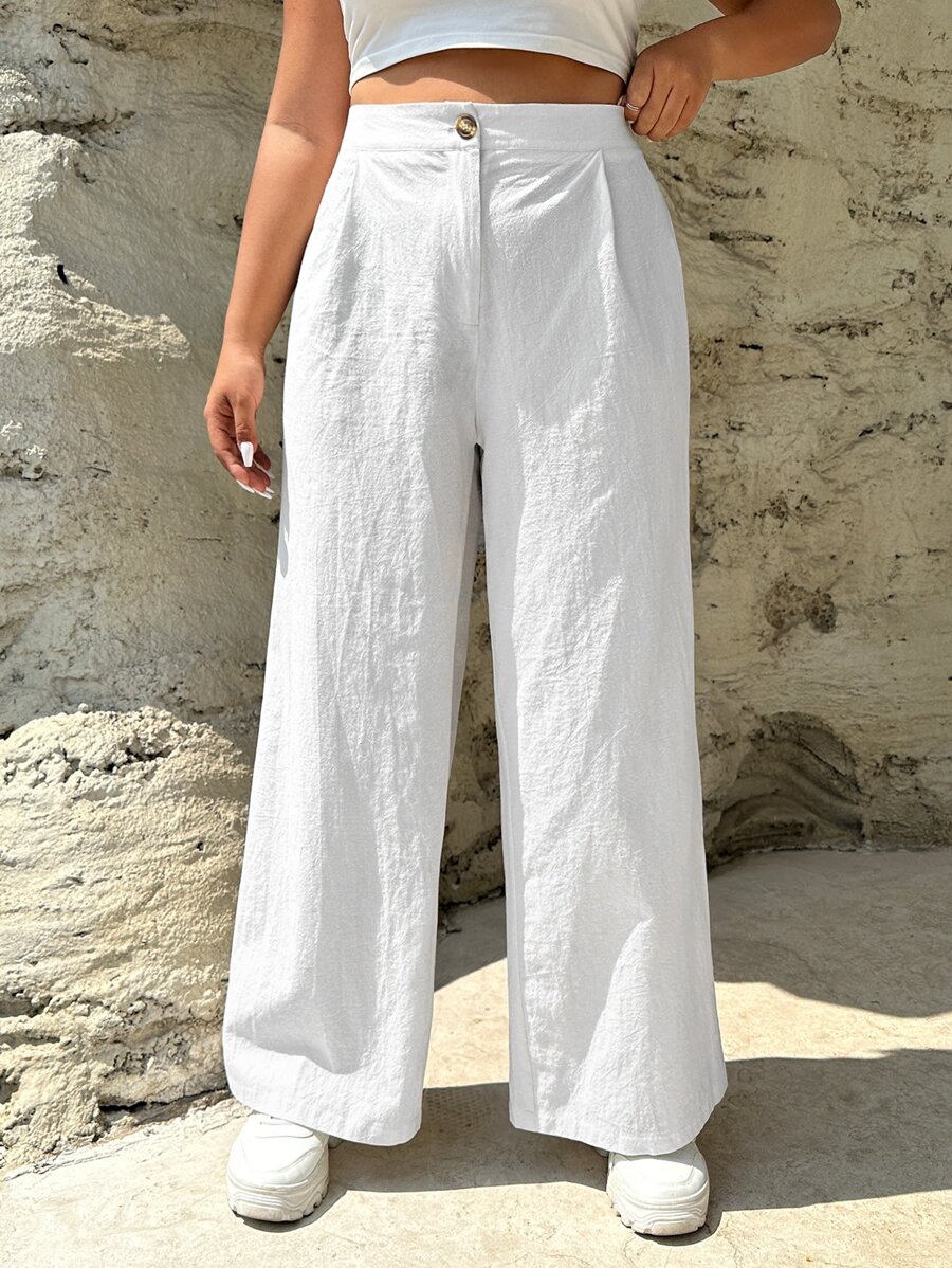 CovetEZ Plus High Waist Wide Leg Trousers - White - View 1