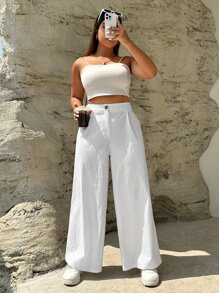 CovetEZ Plus High Waist Wide Leg Trousers - White - View 6