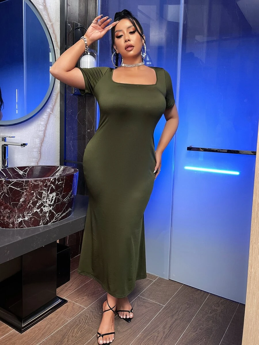 SHEIN Plus Solid Square Neck Dress - Army Green - View 1