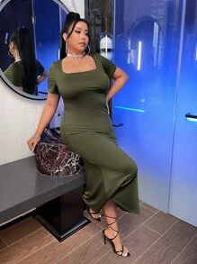 SHEIN Plus Solid Square Neck Dress - Army Green - View 5