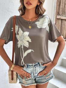 INAWLY Áo thun nữ Hoa Giải trí - xanh quân đội - Xem 1