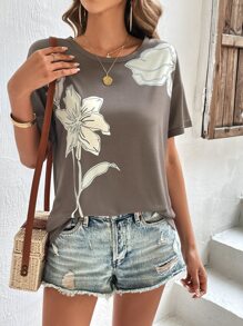 INAWLY Áo thun nữ Hoa Giải trí - xanh quân đội - Xem 5