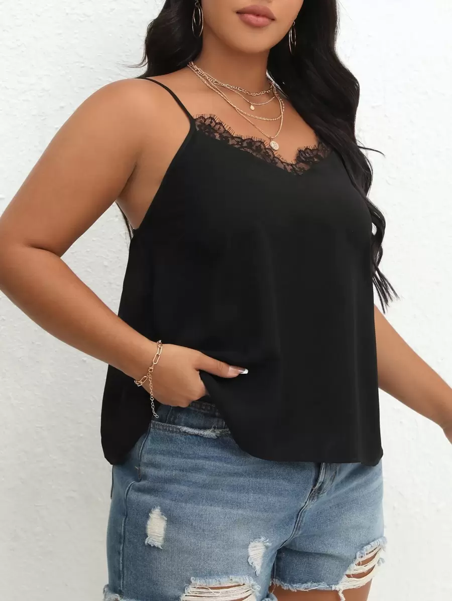 SHEIN VCAY 大碼睫毛蕾絲邊吊帶上衣 - 黑色 - 查看 1