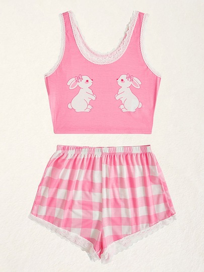 Kawaii Sets de Pijamas de Mujer Encaje en contraste Dibujos animados Guingán Dulce