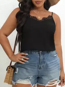 SHEIN VCAY 大碼睫毛蕾絲邊吊帶上衣 - 黑色 - 查看 3