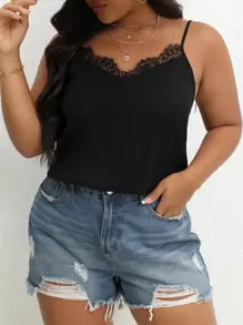 SHEIN VCAY 大碼睫毛蕾絲邊吊帶上衣 - 黑色 - 查看 4