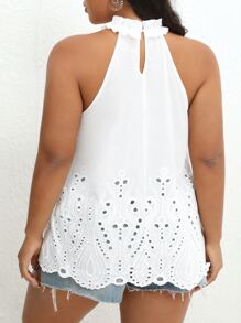 SHEIN VCAY Plus Eyelet Embroidery Frill Trim Halter Neck Scallop Trim Blouse - White - View 2