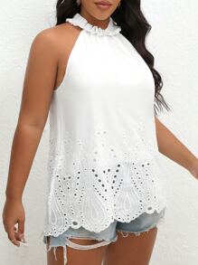 SHEIN VCAY Plus Eyelet Embroidery Frill Trim Halter Neck Scallop Trim Blouse - White - View 6