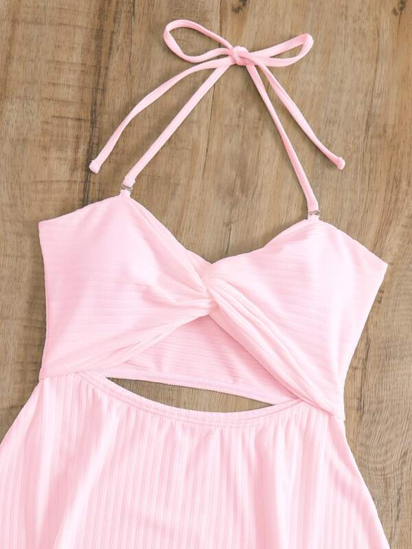 SHEIN Swim Mod Ribbed Tankini Set Twist Front Bandeau Tankini Top SHEIN USA