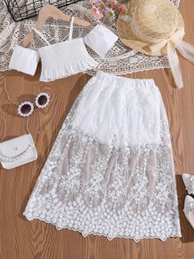 SHEIN 小女童挖肩上衣和蕾絲覆蓋短褲