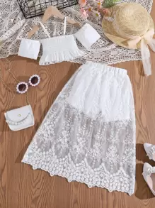 SHEIN 小女童挖肩上衣和蕾絲覆蓋短褲