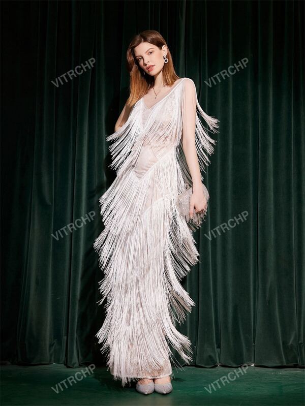 Vestido com Sobreposição de Renda e Franja Branca, Elegante, para Formatura, Semi Formal, Vestido de Convidado de Casamento, Ideal para Aniversário, Formatura, Vestido para Festa de Boas-Vindas