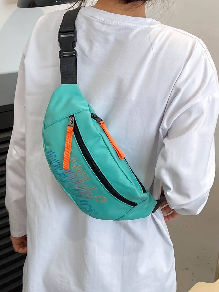字母圖案腰包帶拉鍊輕便尼龍時尚