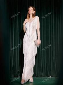 Vestido com Sobreposição de Renda e Franja Branca, Elegante, para Formatura, Semi Formal, Vestido de Convidado de Casamento, Ideal para Aniversário, Formatura, Vestido para Festa de Boas-Vindas