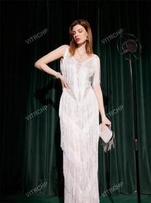 Vestido com Sobreposição de Renda e Franja Branca, Elegante, para Formatura, Semi Formal, Vestido de Convidado de Casamento, Ideal para Aniversário, Formatura, Vestido para Festa de Boas-Vindas