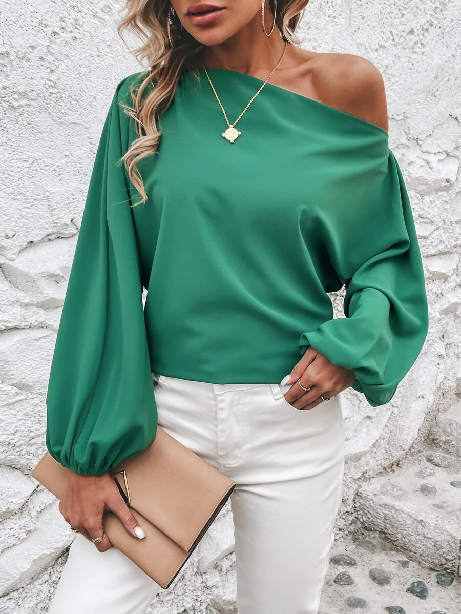 SHEIN Privé Áo sơ mi nữ Bất đối xứng màu trơn Giải trí - màu xanh lá - Xem 1