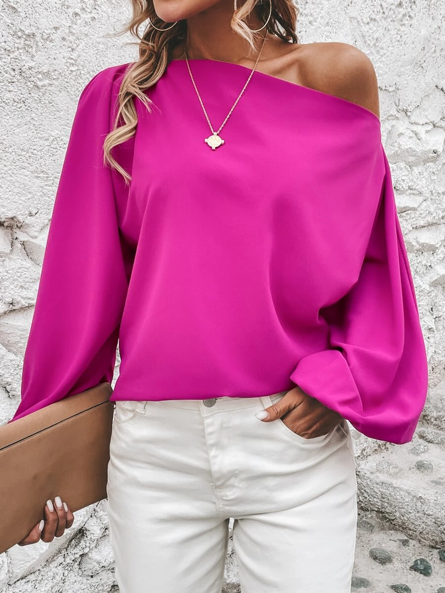 SHEIN Privé Solid Asymmetrical Neck Lantern Sleeve Blouse - Hot Pink - View 1