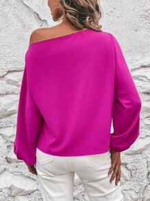 SHEIN Privé Solid Asymmetrical Neck Lantern Sleeve Blouse - Hot Pink - View 2