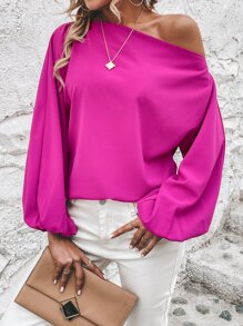 SHEIN Privé Solid Asymmetrical Neck Lantern Sleeve Blouse - Hot Pink - View 3