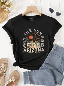 SHEIN LUNE 太陽和標語圖案T恤 - 黑色 - 查看 1