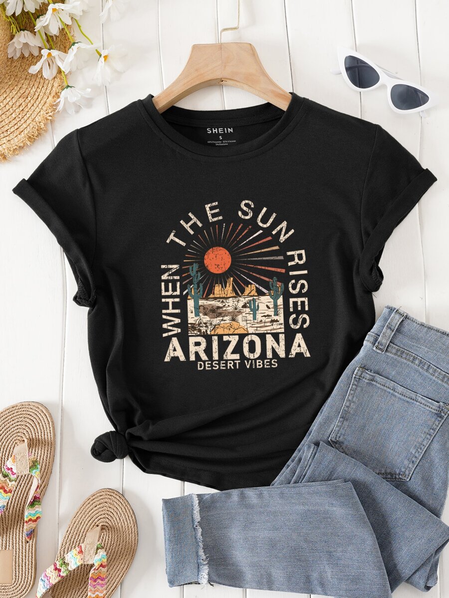 SHEIN LUNE 太陽和標語圖案T恤 - 黑色 - 查看 1