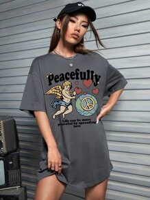 Comensestudio 愛心和標語圖案落肩T恤洋裝 - 深灰色 - 查看 1