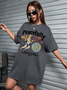 Comensestudio 愛心和標語圖案落肩T恤洋裝 - 深灰色 - 查看 3