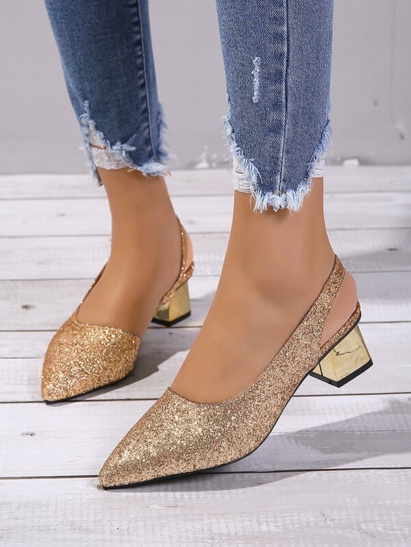Women Point Toe Slingback Chunky Heeled Pumps, Glamorous Banquet Gold