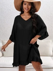 Swim Lushoire Summer Beach Plus Ruffle Trim Cover Up Dress Without Bikini - Black - View 5