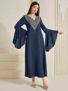 Al Najma Kaftan con mangas con volantes y estampado geométrico, modesto - Azul Marino - Ver 1