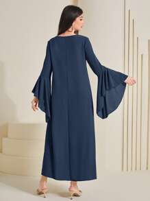 Al Najma Kaftan con mangas con volantes y estampado geométrico, modesto - Azul Marino - Ver 2