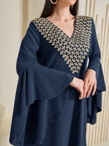 Al Najma Kaftan con mangas con volantes y estampado geométrico, modesto - Azul Marino - Ver 4