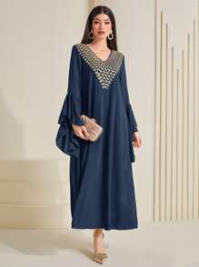 Al Najma Kaftan con mangas con volantes y estampado geométrico, modesto - Azul Marino - Ver 5