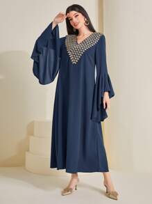 Al Najma Kaftan con mangas con volantes y estampado geométrico, modesto - Azul Marino - Ver 6