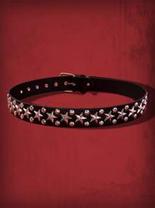 ROMWE Grunge Punk 星星和鉚釘裝飾方形扣皮帶 - 黑色 - 查看 3