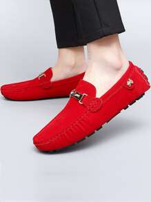 男士金屬裝飾一腳蹬休閒樂福鞋休閒紅色平底鞋 - 紅色 - 查看 2