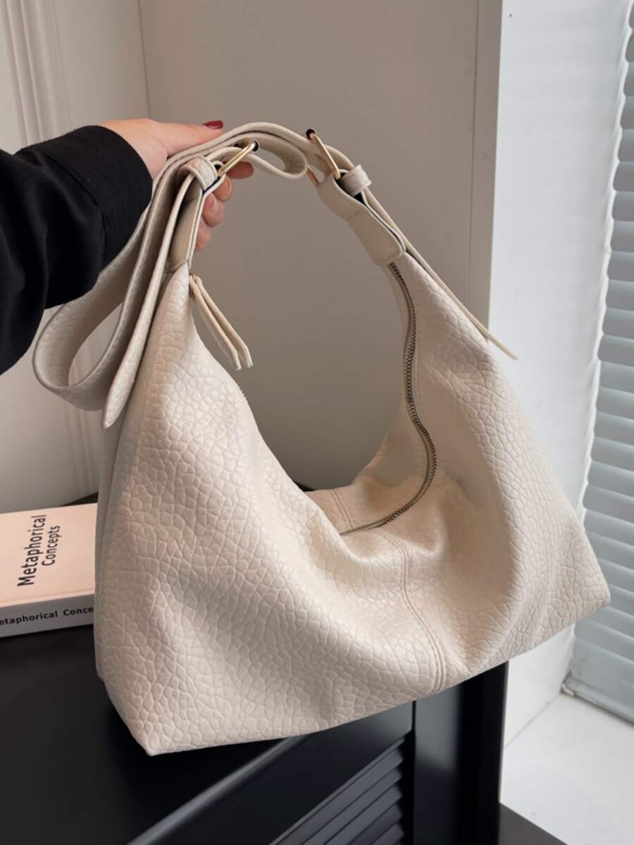 荔枝紋壓花流浪包大容量PU皮革 - 白色 - 查看 1