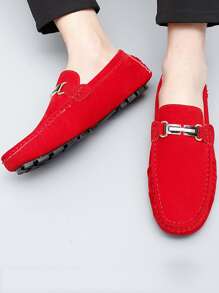 男士金屬裝飾一腳蹬休閒樂福鞋休閒紅色平底鞋 - 紅色 - 查看 4