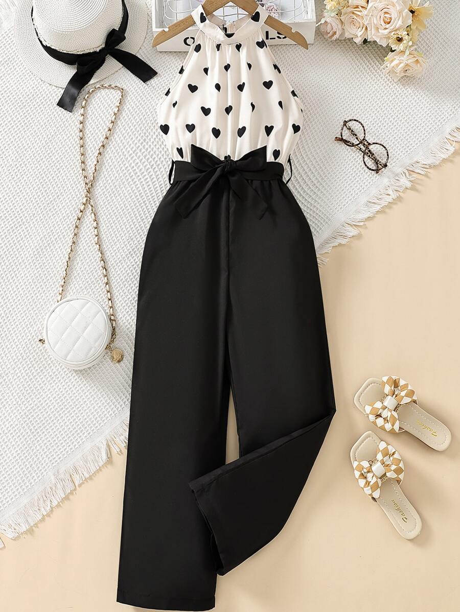 Sparklyn Tween Girl Heart Print Halter Neck Belted Jumpsuit - Black and White - View 1