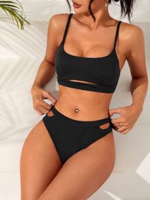 Swim Basics Summer Beach Solid Bikini Set Cut-Out Cami Bra & Cut Out Bikini Bottom 2 Piece Bathing Suit - Black - View 1