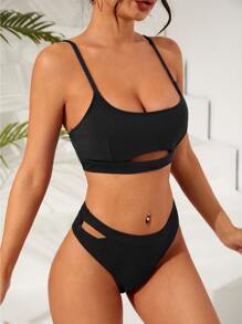 Swim Basics Summer Beach Solid Bikini Set Cut-Out Cami Bra & Cut Out Bikini Bottom 2 Piece Bathing Suit - Black - View 3