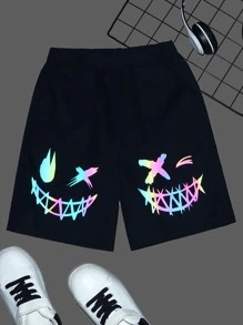 SHEIN Boys Reflective Expression Print Elastic Waist Shorts - Black - View 1