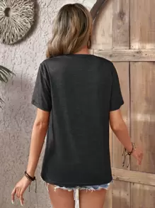 SHEIN LUNE Áo thun nữ Đồ họa Lá thư Giải trí - Màu xám đen - Xem 2