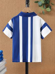 SHEIN 男小童短袖藍白色拼貼休閒襯衫帶時髦西裝領,春夏 - 藍白色 - 查看 2